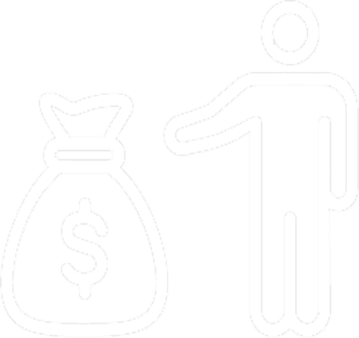 A simplified icon of a person standing next to a large money bag with a dollar sign.