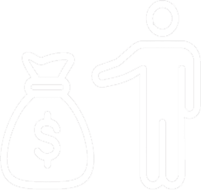 A simplified icon of a person standing next to a large money bag with a dollar sign.