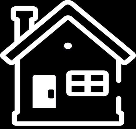 Simple outline drawing of a house with a chimney, a door, and a window.
