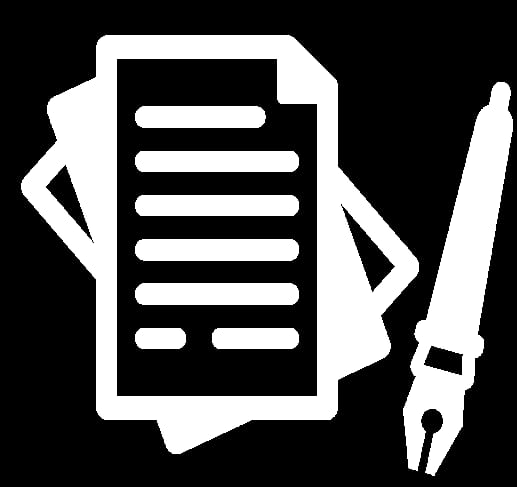 Icon of a fountain pen next to three stacked sheets of paper with lines indicating text.