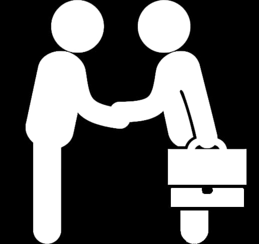 Two simple human figures shaking hands, with one holding a briefcase, symbolizing a business agreement or partnership.